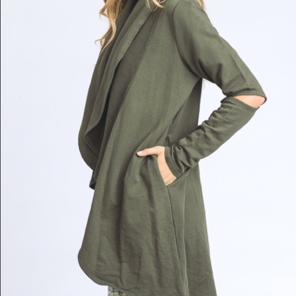 Olive Open Front Cardigan With Cutout Sleeve - Picture 6 of 6